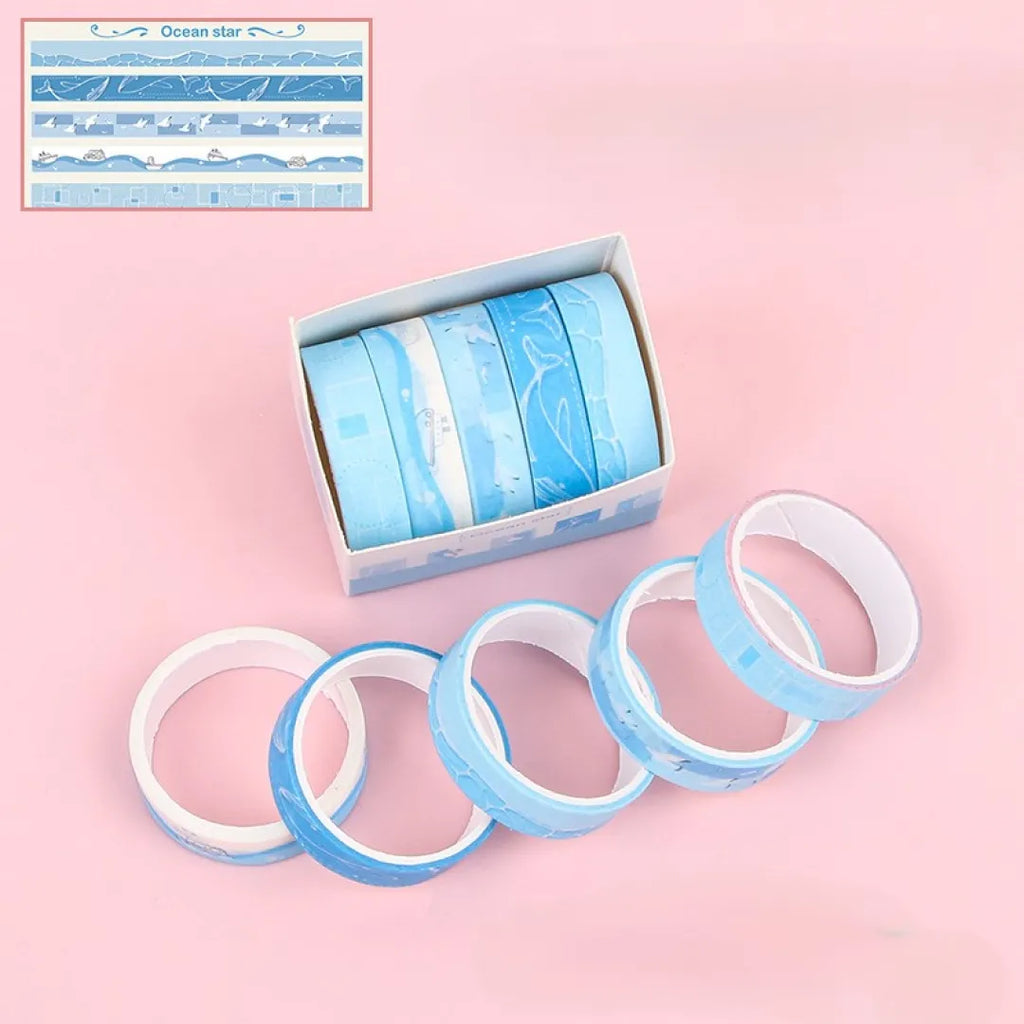 KIT DE FITA ADESIVA WASHI TAPE ESTAMPADA COM 5 UNIDADES