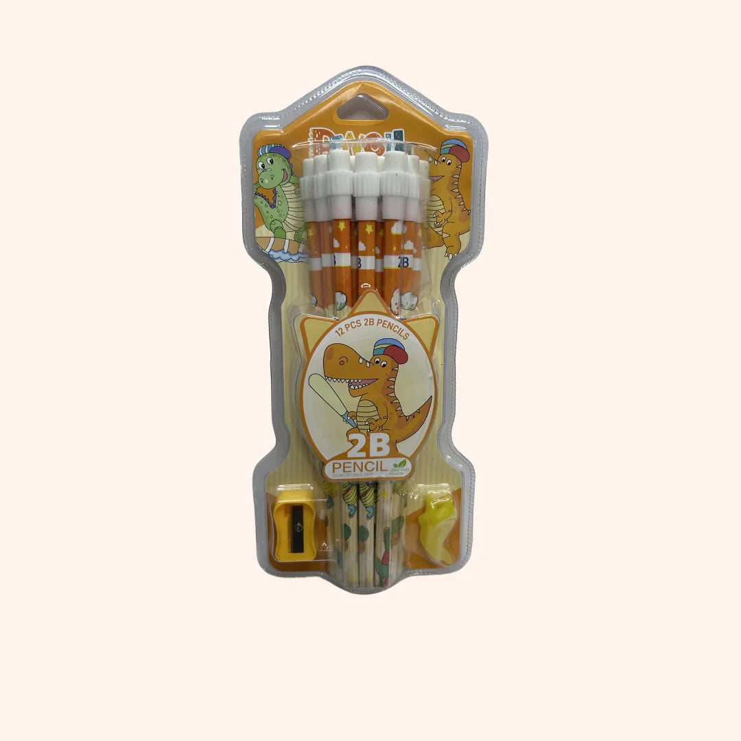 KIT 12 LÁPIS 2B + APONTADOR + PONTEIRA DINO