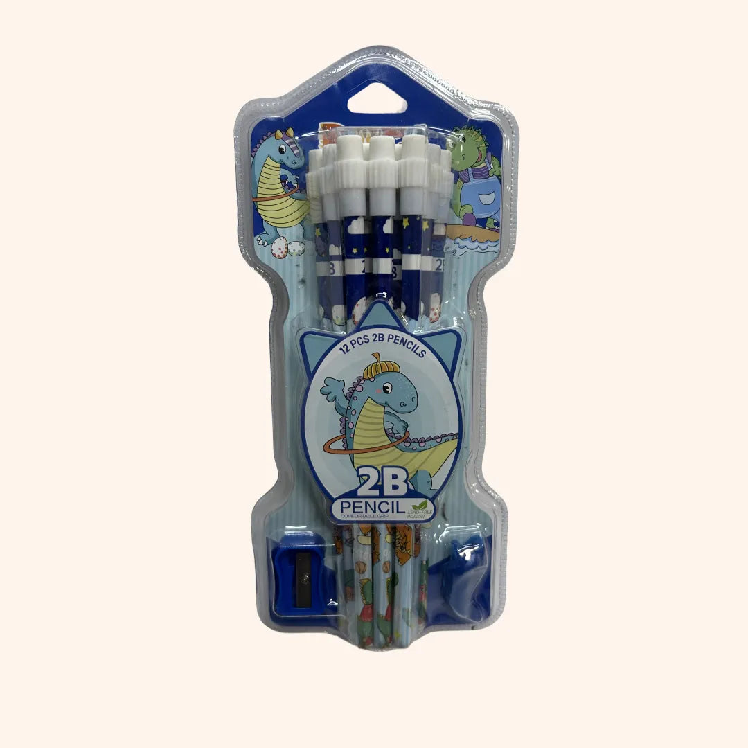 KIT 12 LÁPIS 2B + APONTADOR + PONTEIRA DINO
