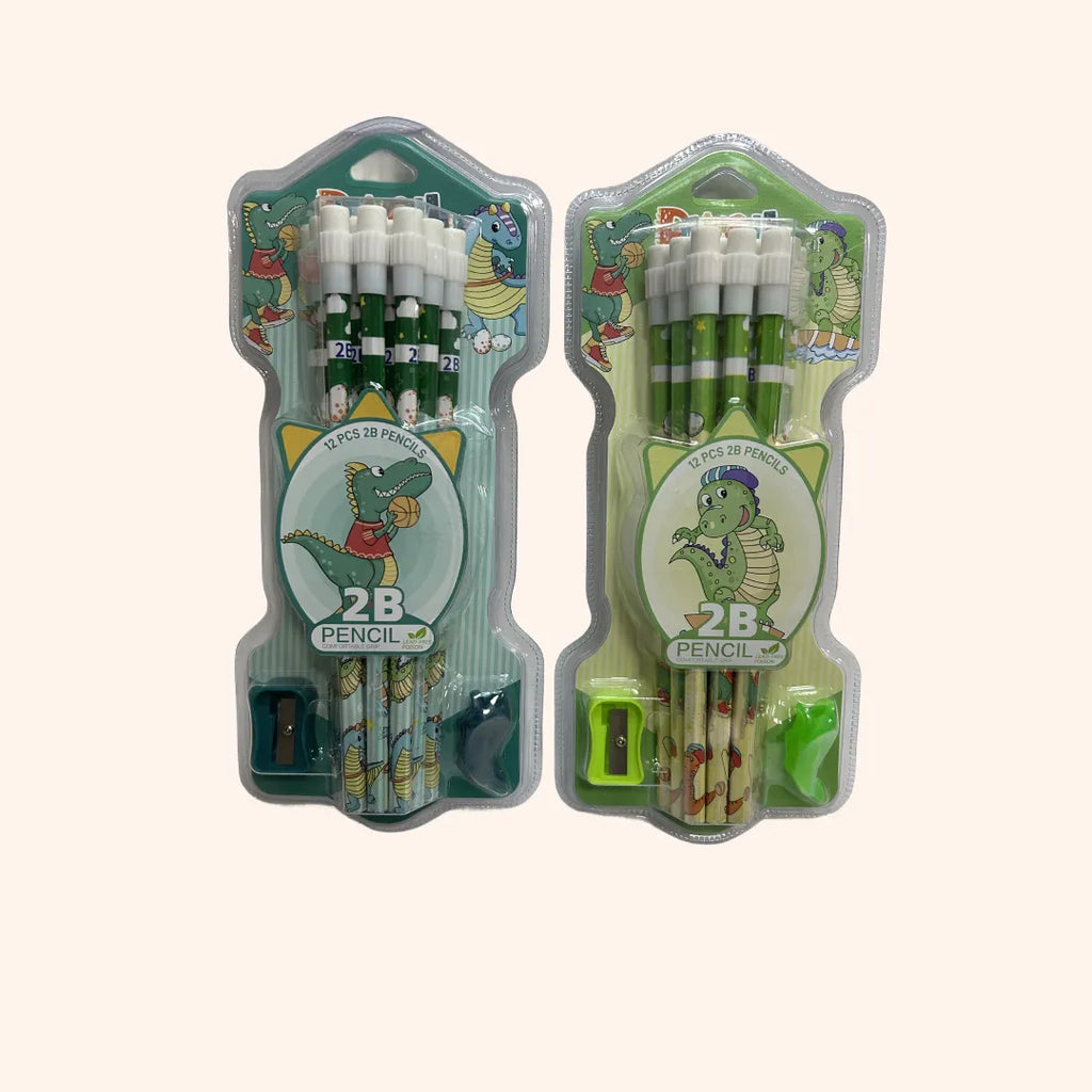 KIT 12 LÁPIS 2B + APONTADOR + PONTEIRA DINO